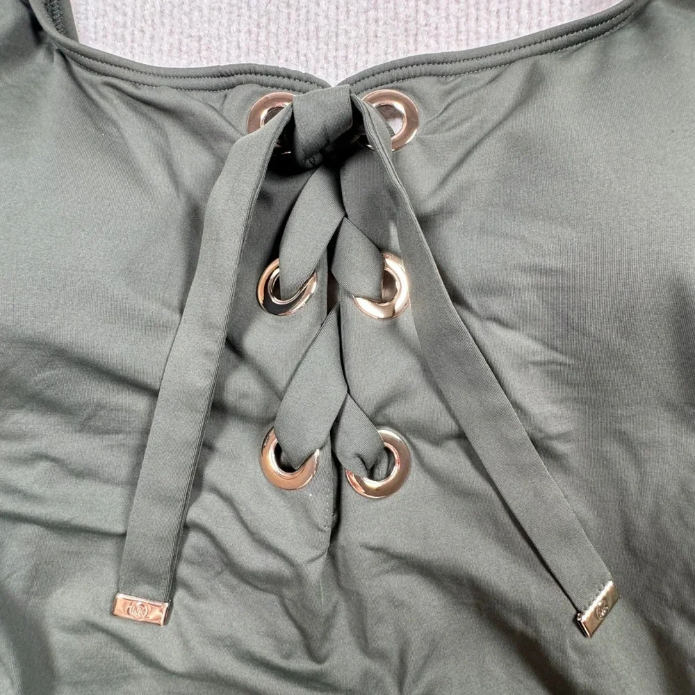 Michael Kors One Piece Swimsuit Women 14 Olive Green Lace Up Grommet - Picture 2 of 6